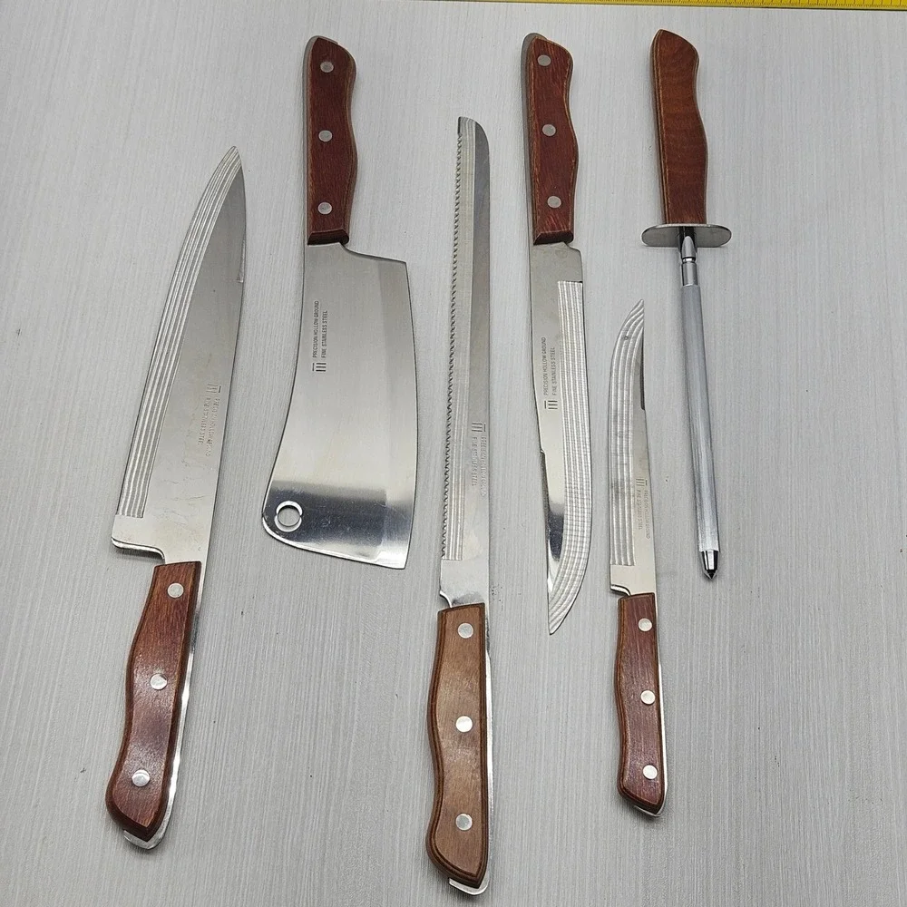 Vintage‎ Precision Hollow Ground Stainless Steel Knife Set 6pc Cleaver Wood